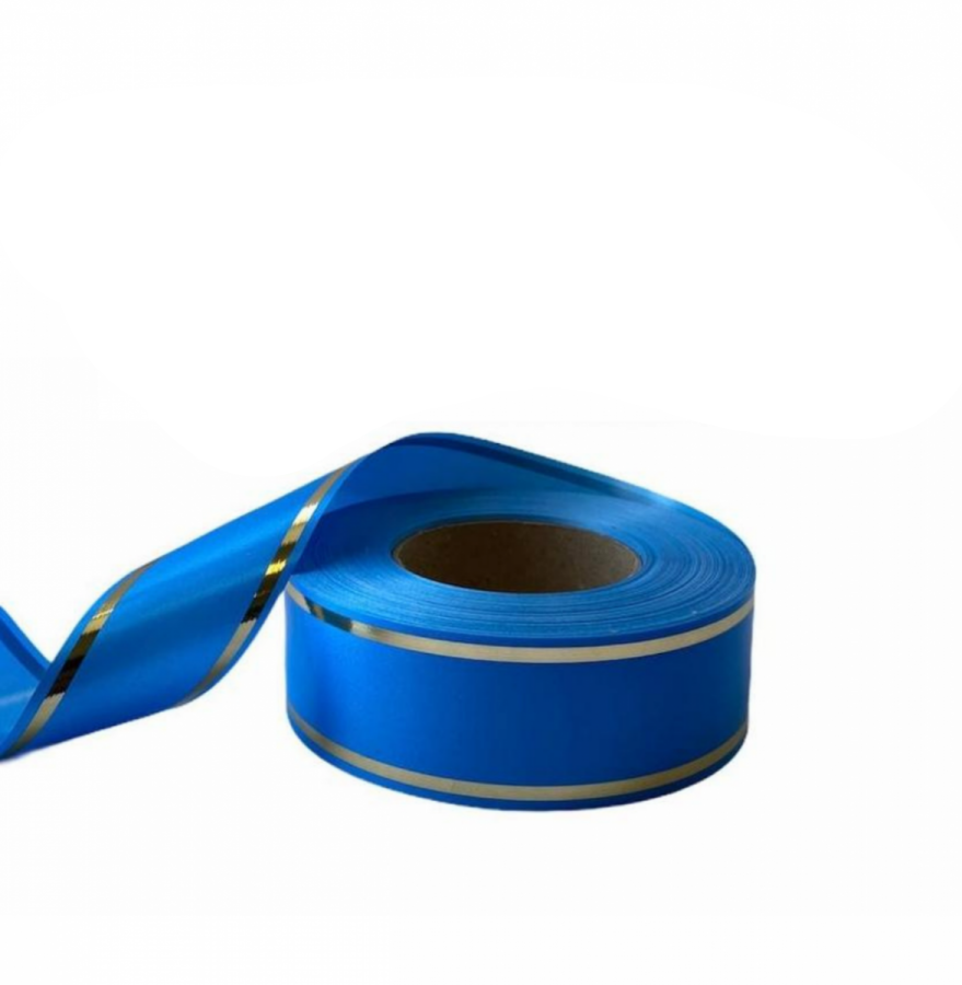 Лента декоративная голубая с золотом 5 см